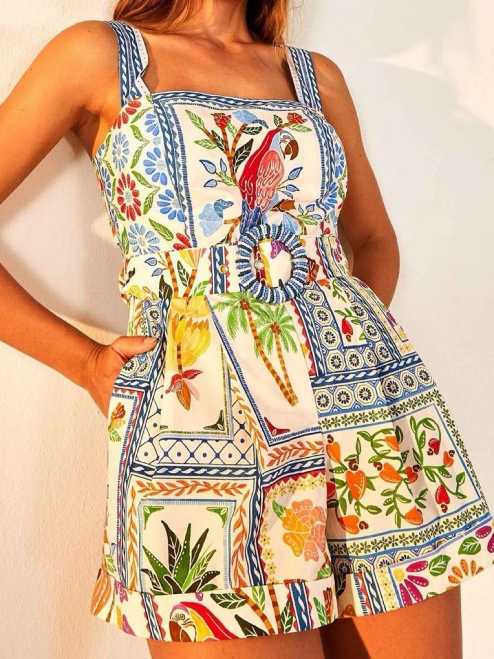 FARM Rio Tropical Tiles Belted Poplin Cotton Romper Jumpsuit size XL NWT - Picture 6 of 7